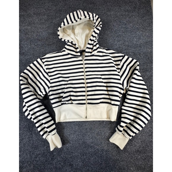Forever 21 Tops - Forever 21 Striped Cropped Zip Up Hoodie Black Cream Small Sweatshirt